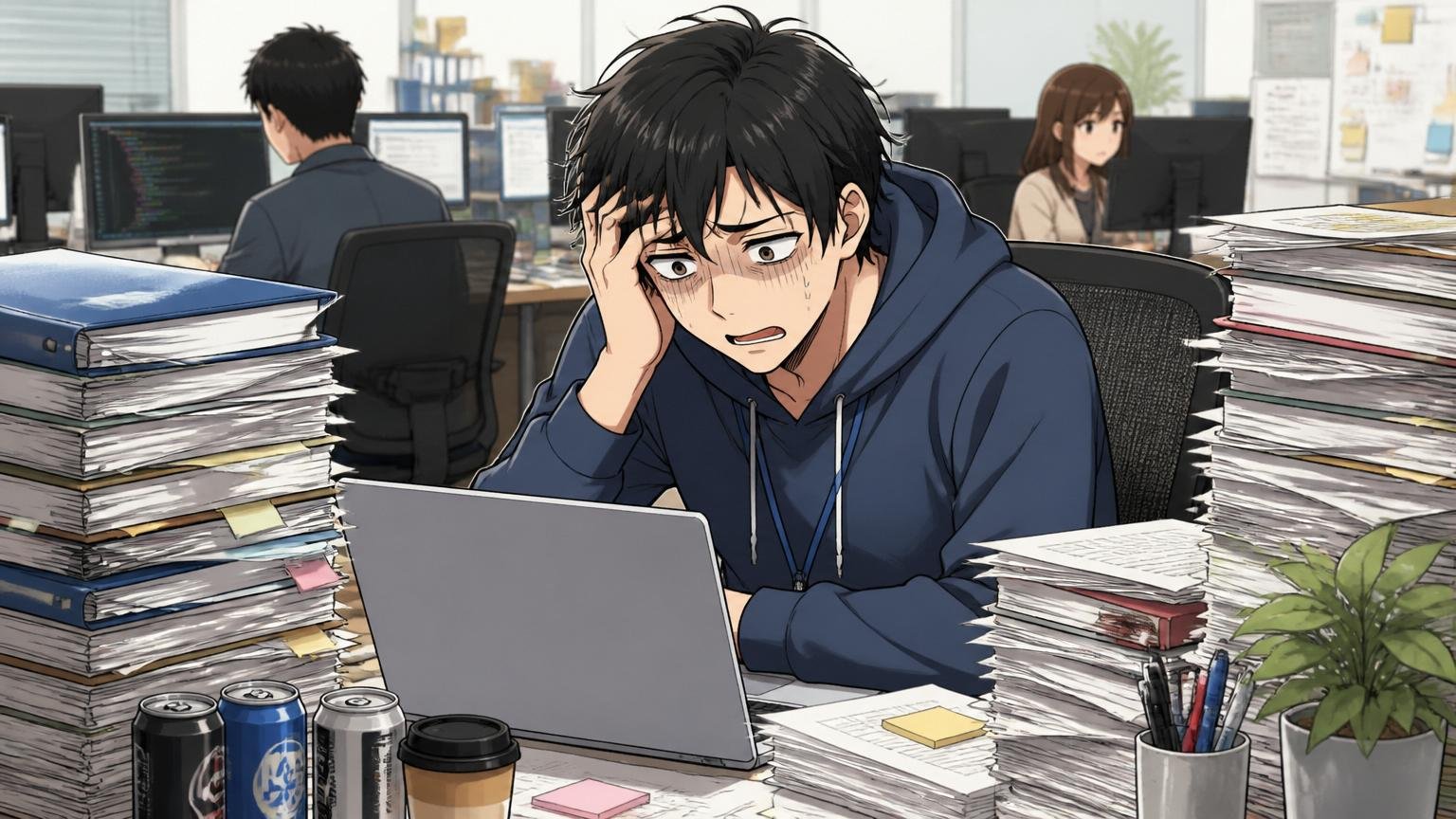 Web系企業のオフィスで仕事が積み上がるデスクに向かう疲弊した男性エンジニア1人の場面