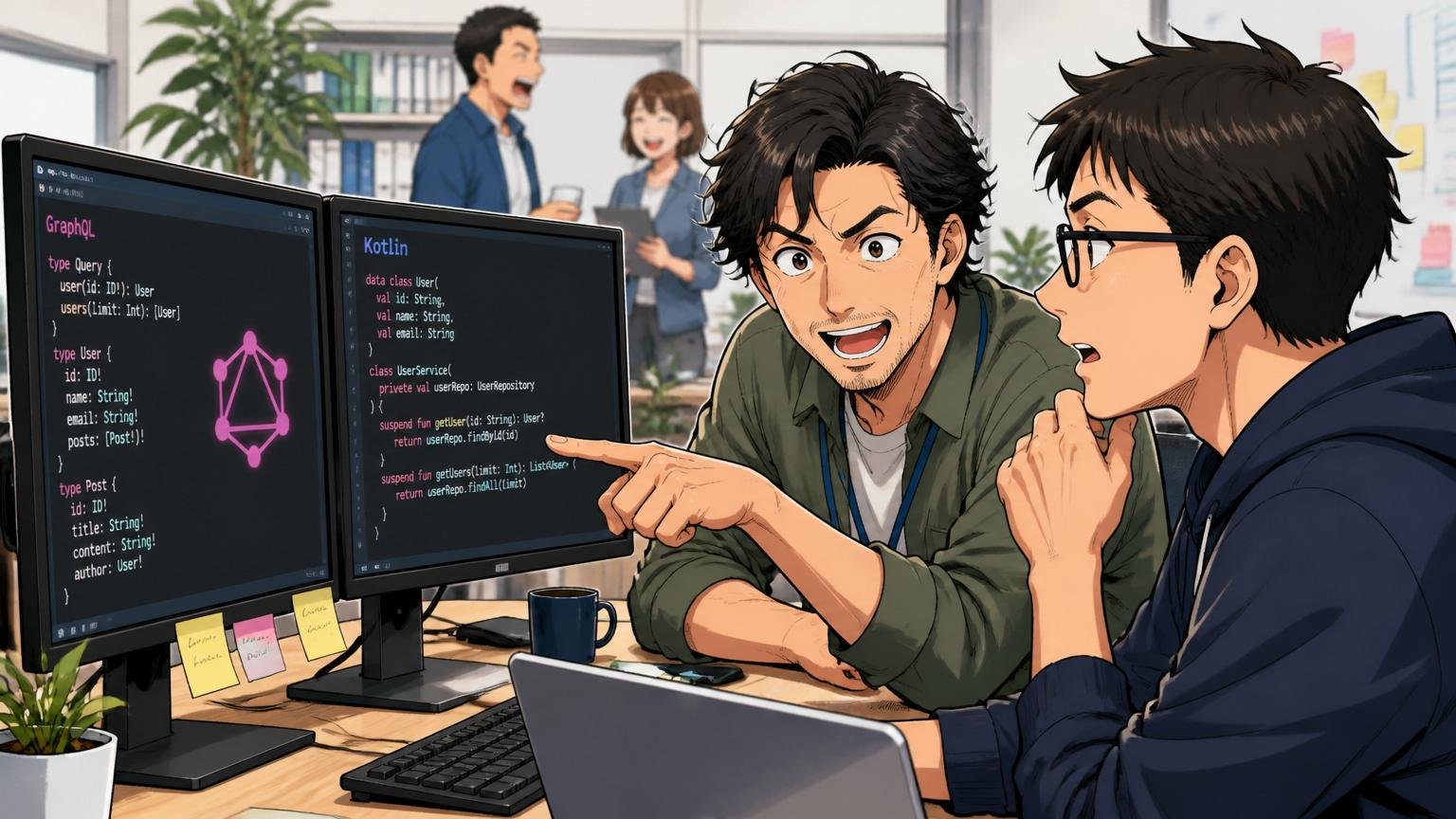 技術スタックはモダン寄りを表すWeb系開発会社のフロアでGraphQLとKotlinのコードを画面に映してレビューする中堅エンジニア2名の様子