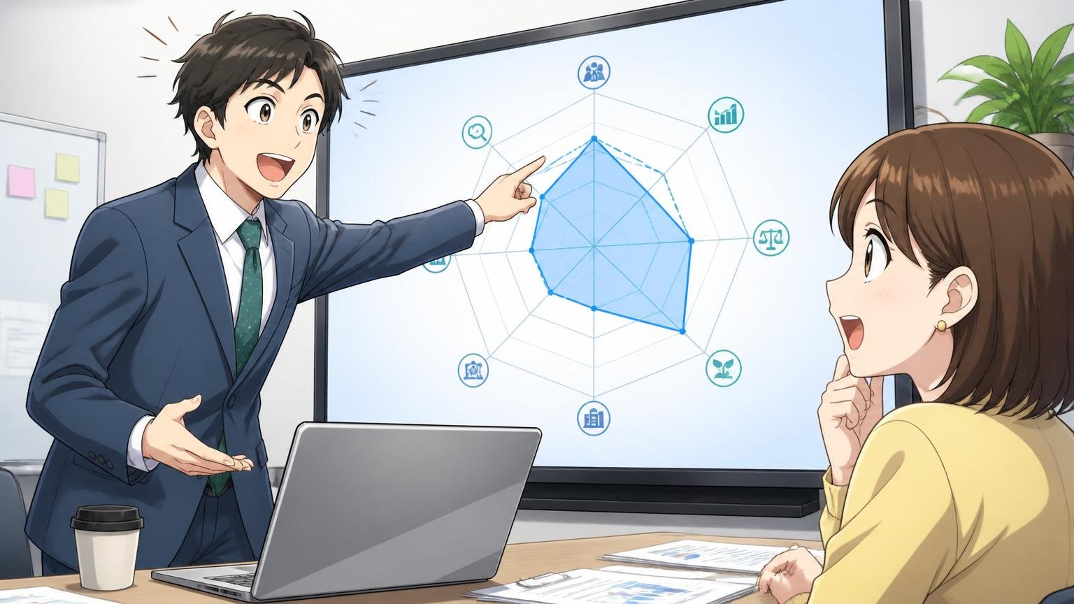 OpenWorkスコアグラフを指差して説明する人事アナリストとミーティングルームの女性
