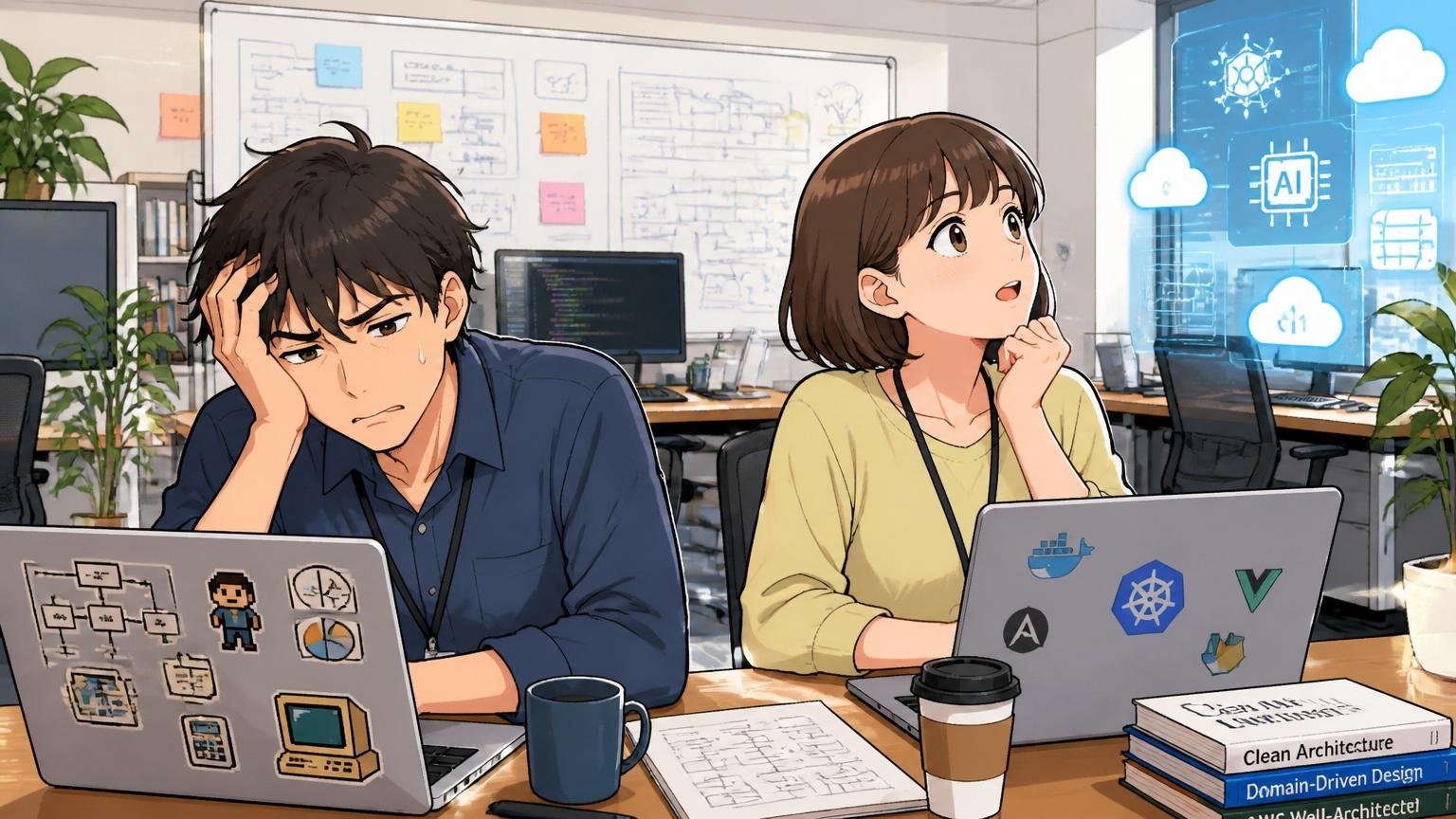 アルゴグラフィックスとミスマッチを感じる若手、Web系スタートアップのオフィス、男性1人女性1人、モダンな技術に憧れの表情で別方向を見る