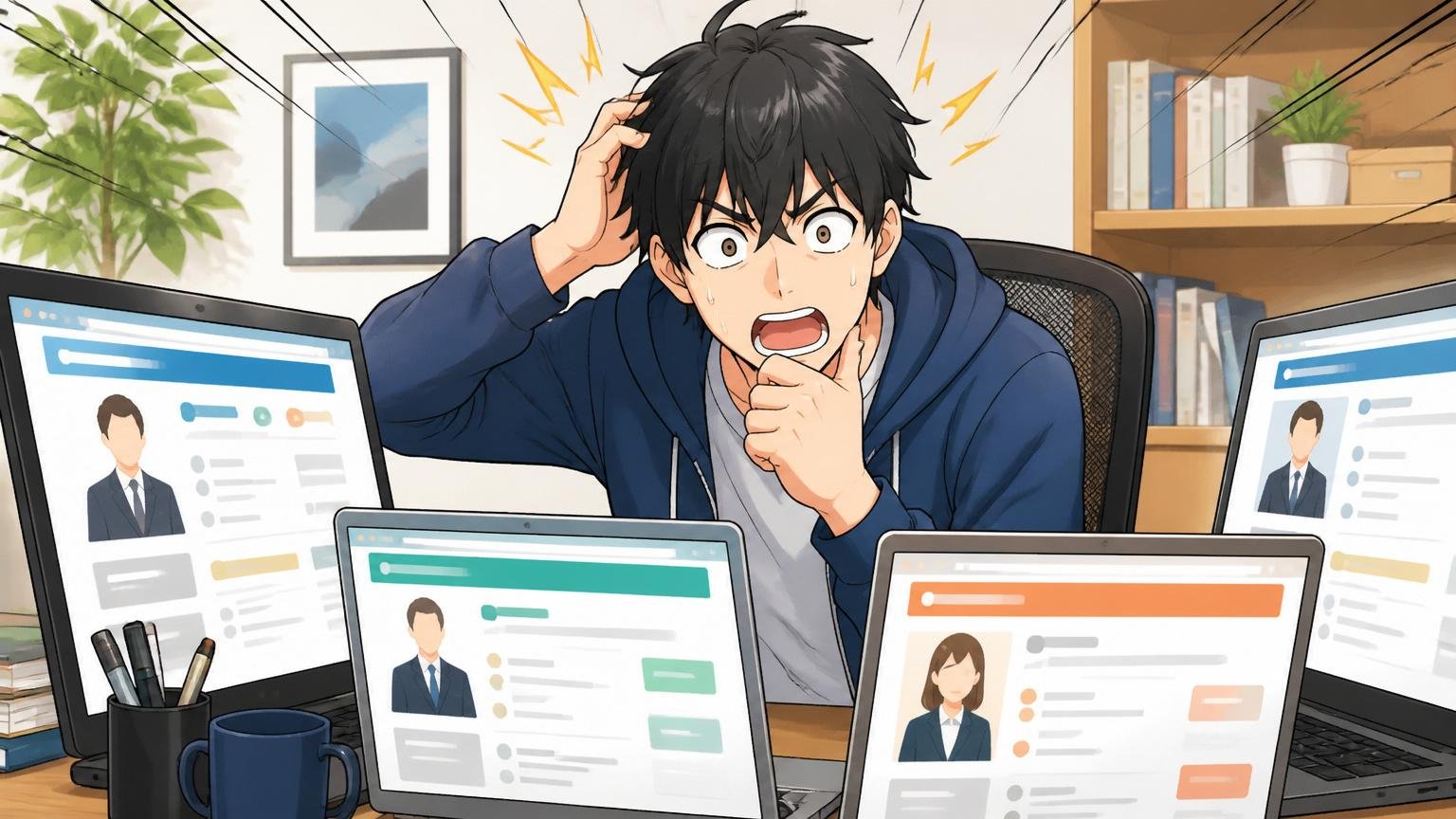 自宅のデスクで複数の転職エージェントのウェブサイトを並べて比較検討する20代後半エンジニア