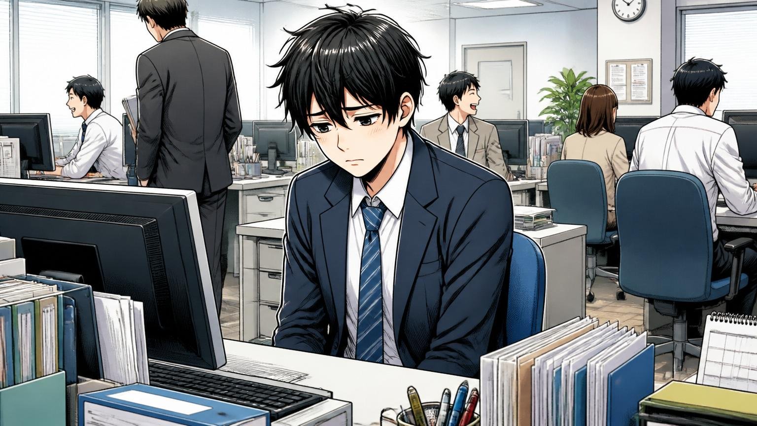 企業のオフィスで久しぶりに自社に戻り誰も話しかけてこない机に座る若手社員