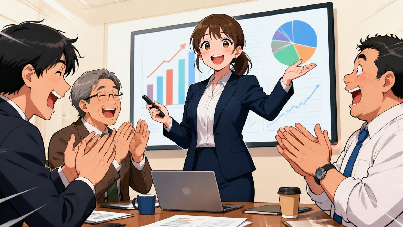 企業の会議室で20代女性営業が3人の異なる年代の同僚に成果プレゼンをしてみんなが拍手している