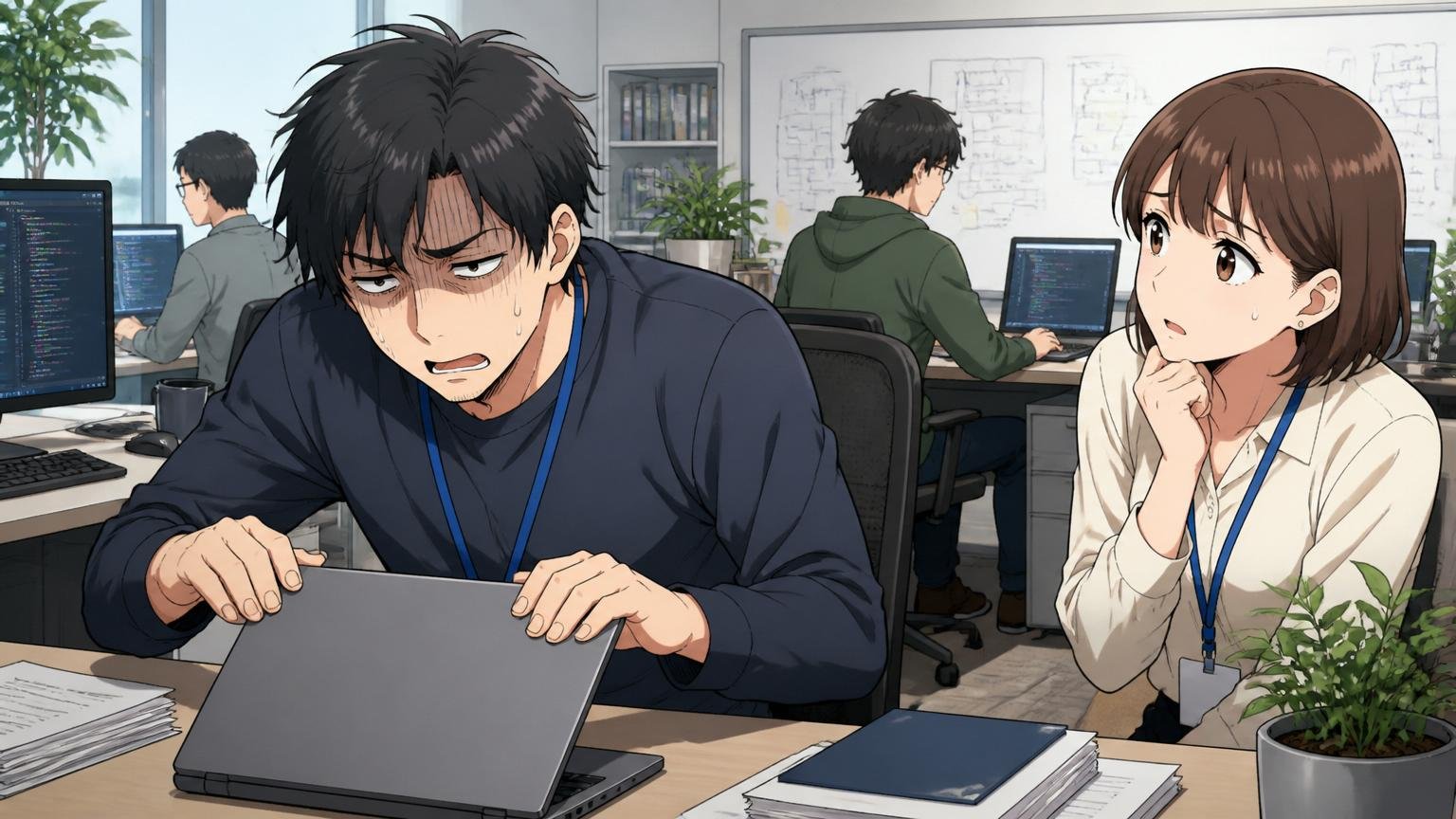 向いていない人の特徴、BtoB SaaS企業のオフィスで30代男性エンジニアが疲れた表情でPCを閉じ、別の女性社員が心配そうに見つめる場面