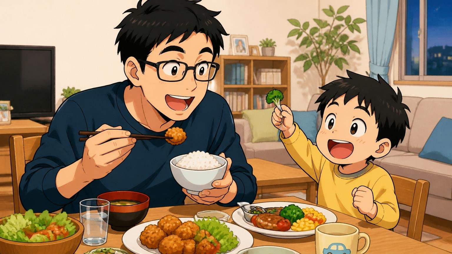 自宅のリビングで30代男性エンジニアが小さな子どもと夕食を囲み、家族の時間を大切にしている