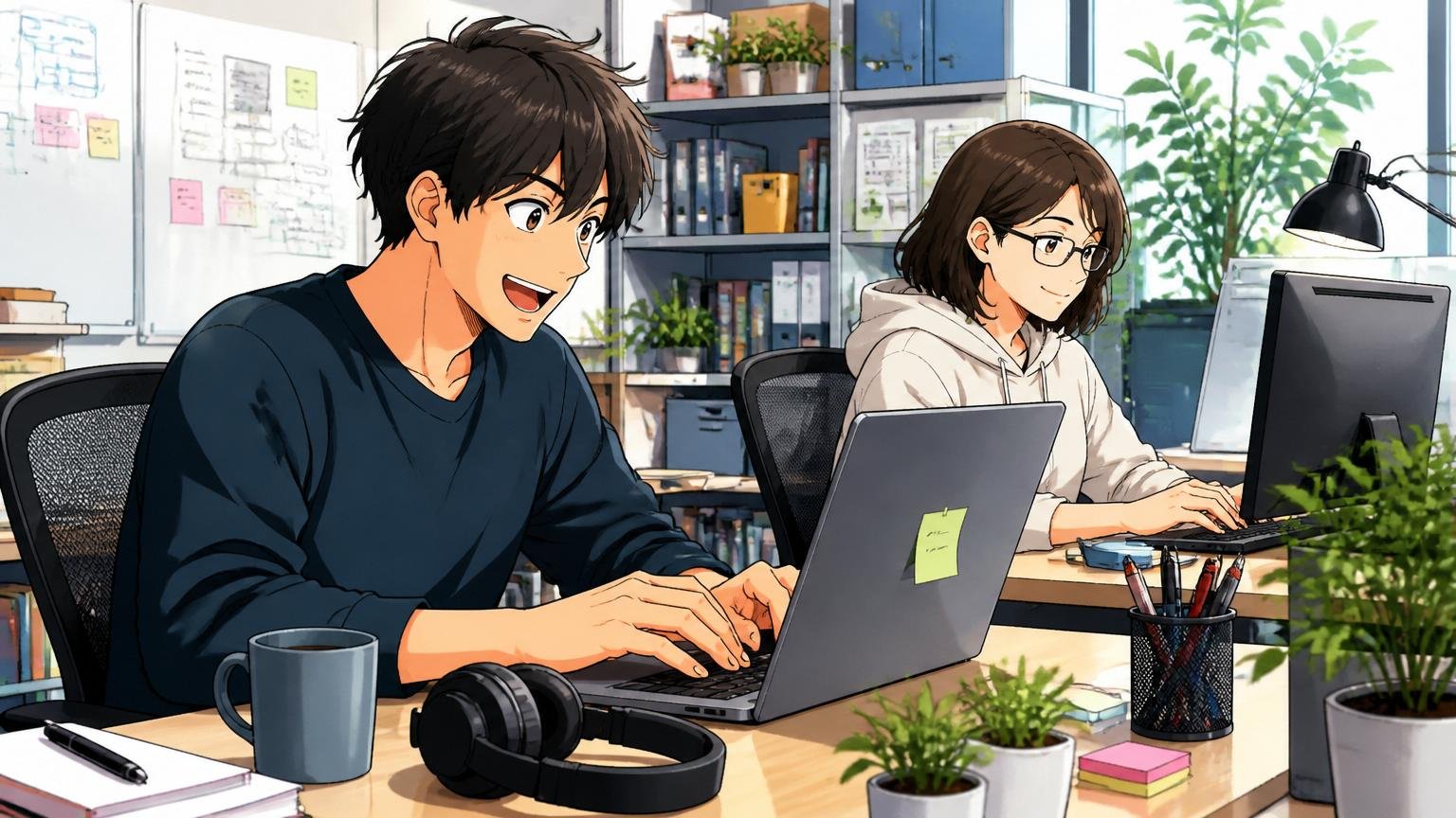 少数精鋭の自由な裁量で働くエンジニア、Web系スタートアップのオフィスで2人が自分のペースで集中して作業する満足げな表情