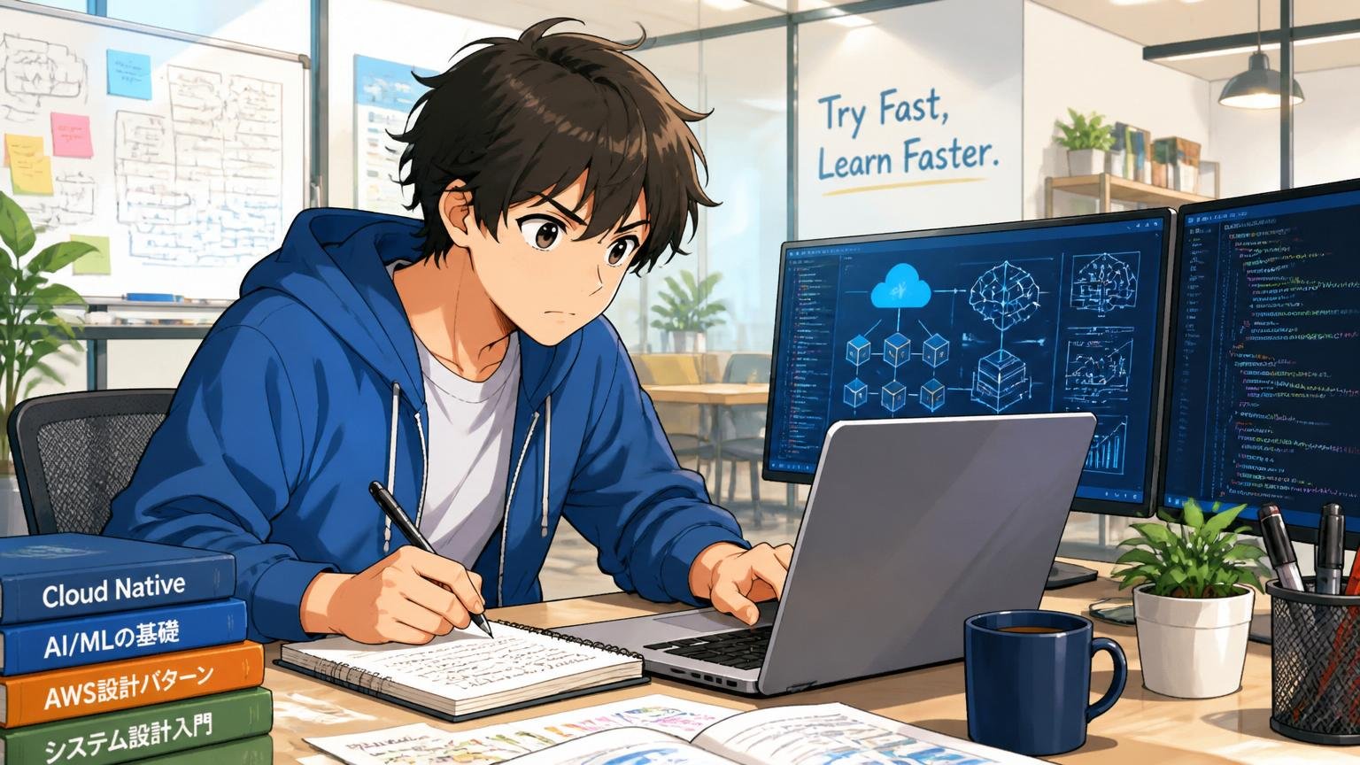 先端IT人材への移行が市場価値を最大化。Web系スタートアップのオフィスでクラウド・AI領域に学び直す若手エンジニア1人のシーン