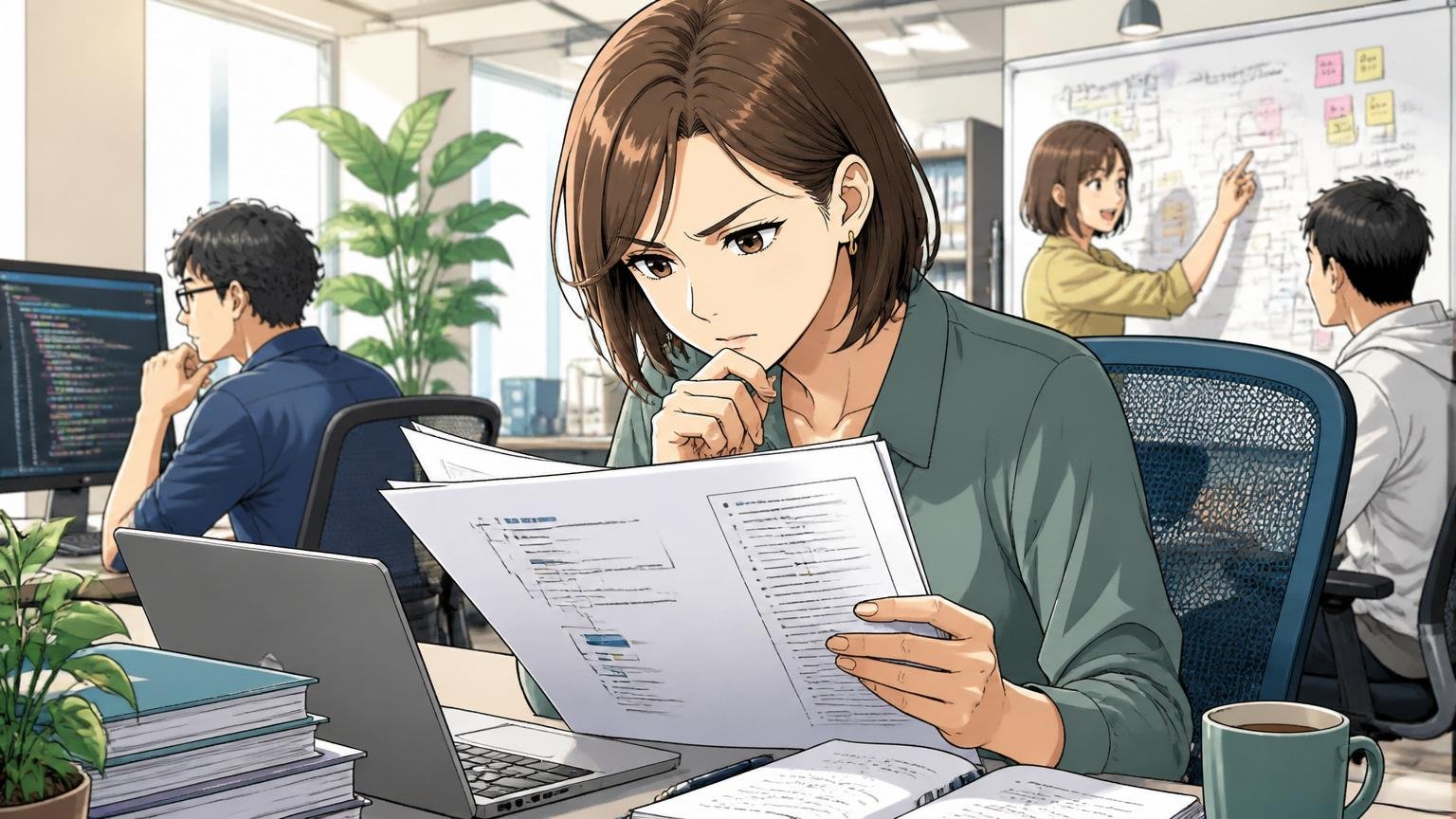配属次第で上流工程の経験も積める。Web系スタートアップのオフィスで30代女性エンジニアが要件定義書を真剣に読む