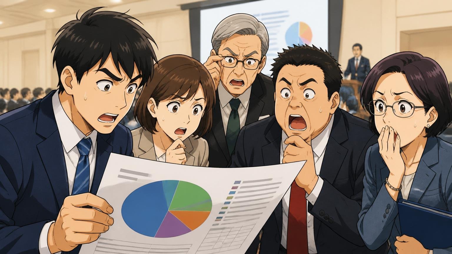 企業の株主総会会場で大株主構成の資料を眺める社員と機関投資家たち