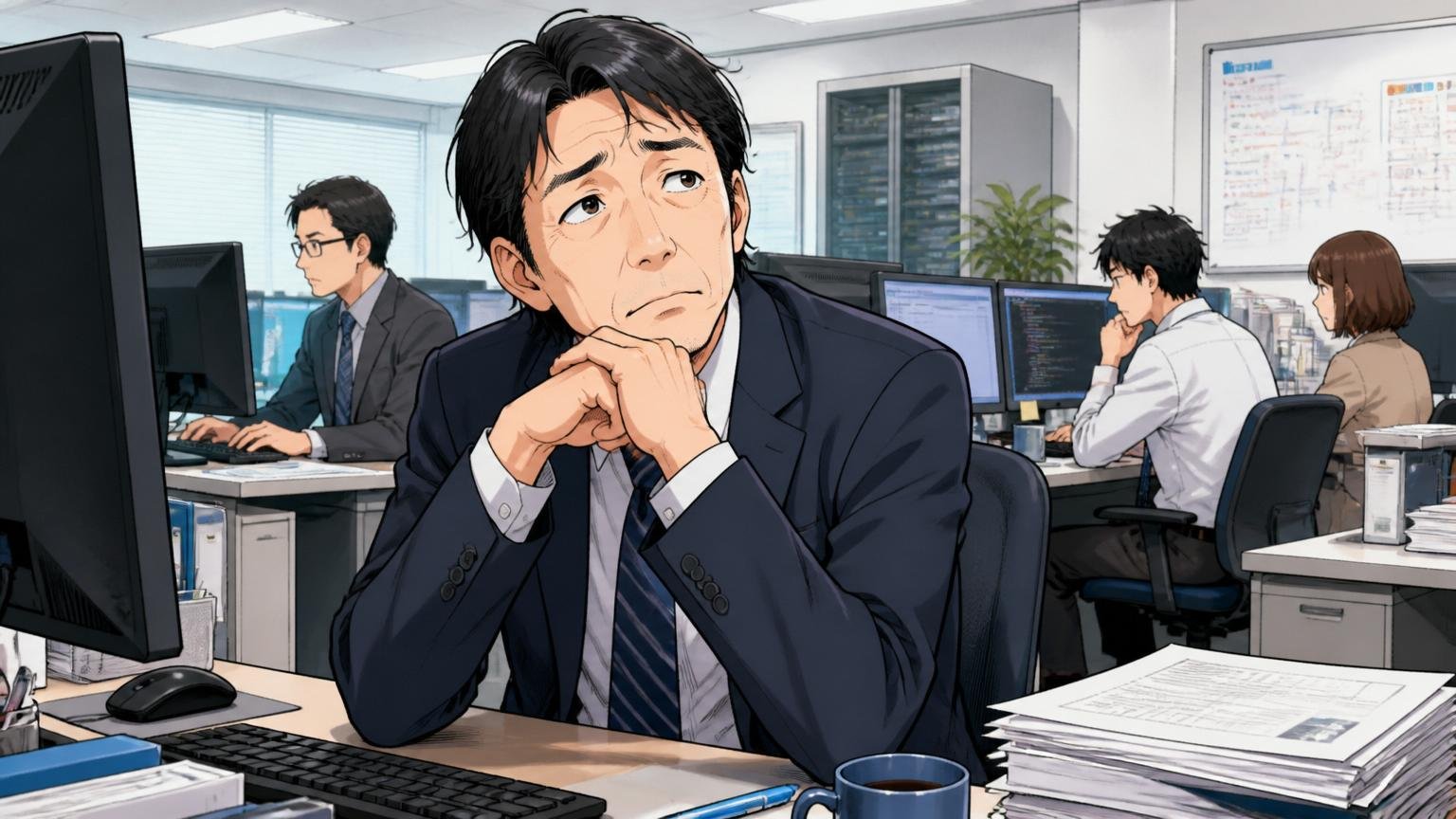 向いていない人・SIerのフロアで40代男性1人がスーツ姿で安定した職場を望む表情