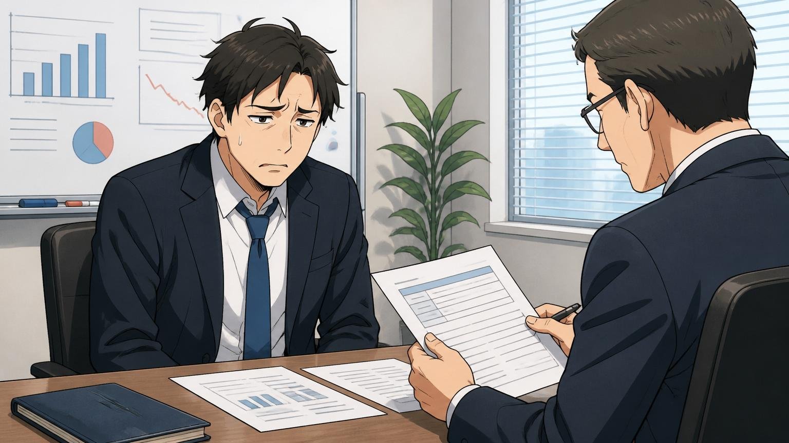 低評価項目（待遇2.5／人事評価2.9／長期育成2.6）。SIerの会議室で評価面談を受け、表情に納得感のない30代男性エンジニアと淡々と書類を見るマネジャー