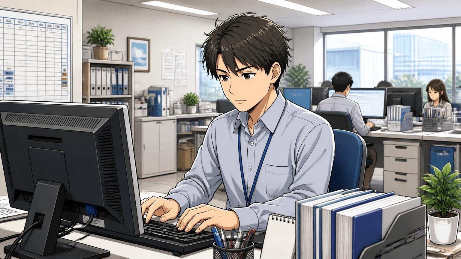 向いていない人の特徴。落ち着いた大手企業のオフィスで1人のエンジニアが安定したルーチンワークに集中する姿、整然とした環境