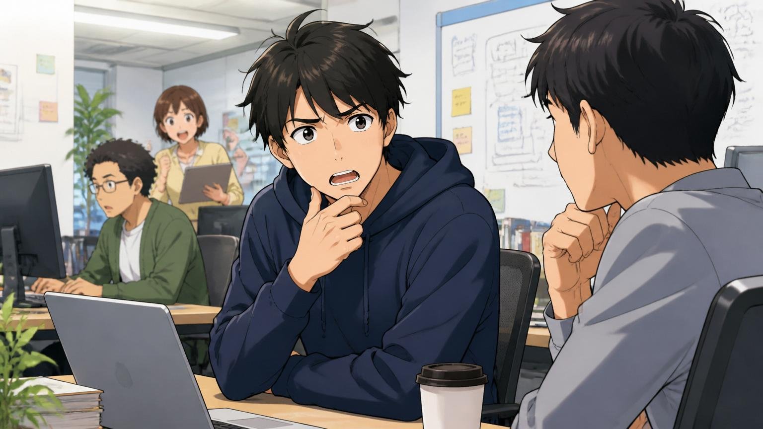 Web系スタートアップのオフィスで20代後半男性エンジニアが転職を意識して同僚と話し合っている