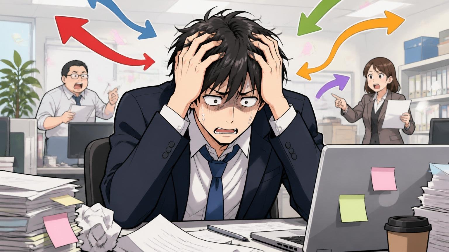 この会社に向いていない人。IT企業のオフィスで度重なる方針変更に戸惑い、疲れた表情で頭を抱えてデスクに座り込む男性社員