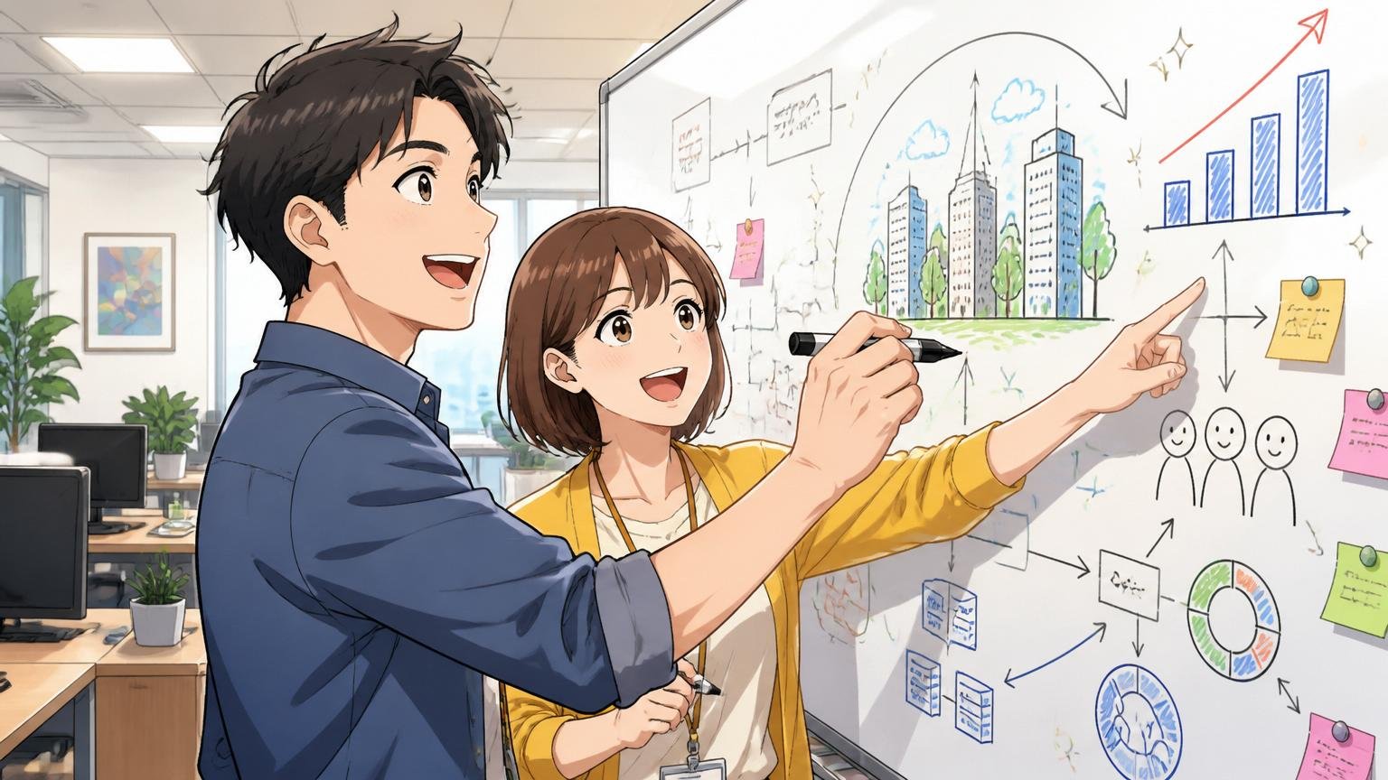 再編が多い会社を見るときの視点、IT企業のオフィスで男女2人が将来図をホワイトボードに描く、前向きな表情