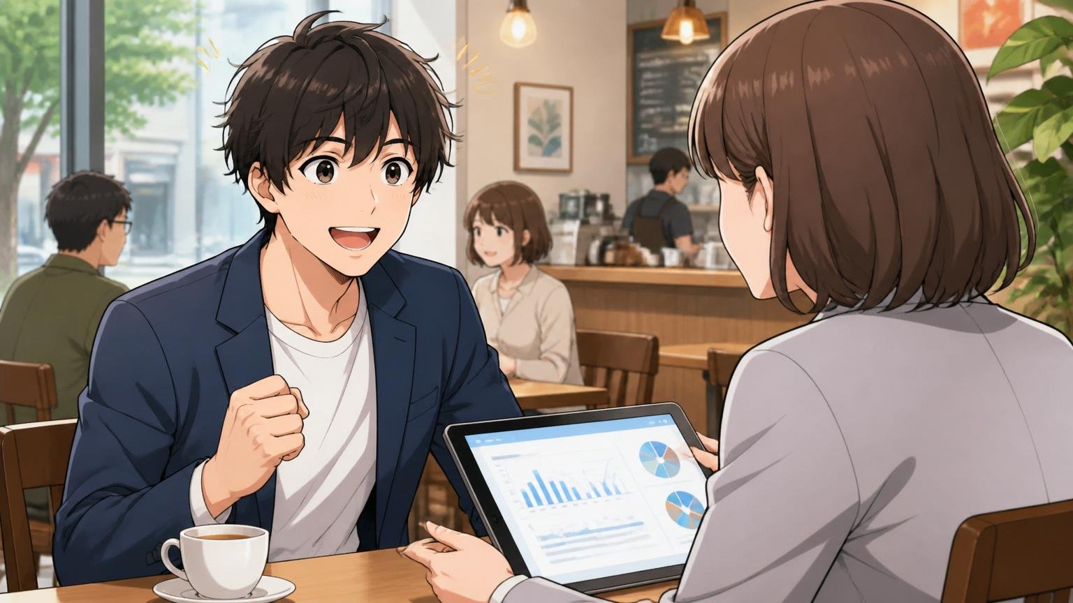比較対象を得る現実的な方法。カフェでエージェントに市場価値を相談し前向きな表情の男性1人