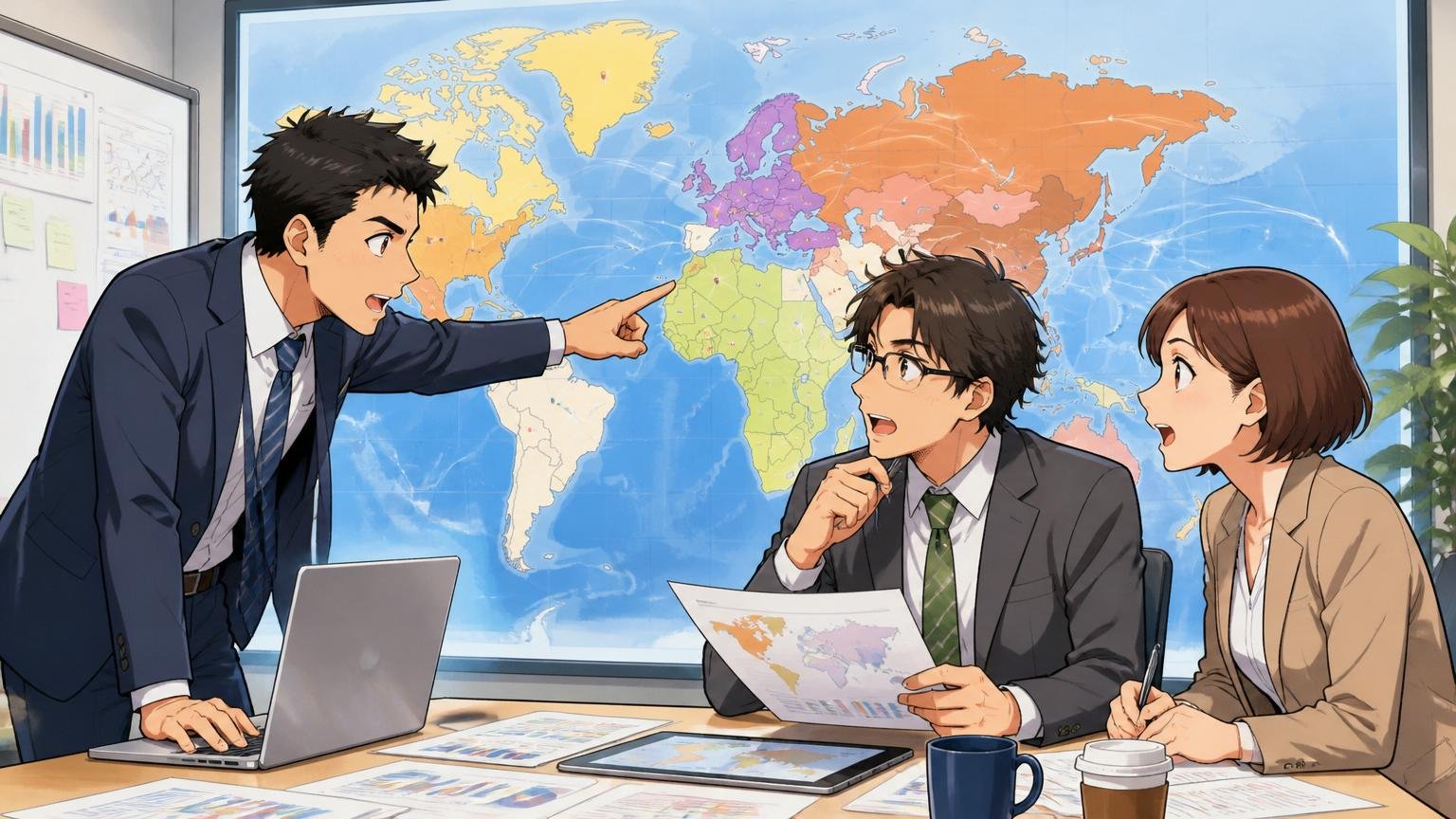 世界地図を背景にグループ会社の事業領域を確認する、企業のグローバル戦略会議室で経営企画3人