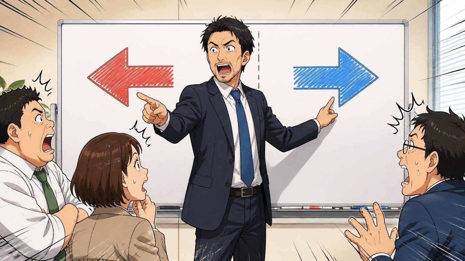 2種類のやばさを切り分ける。オフィスのホワイトボードに左右2つの矢印を描き40代男性が整理して説明する