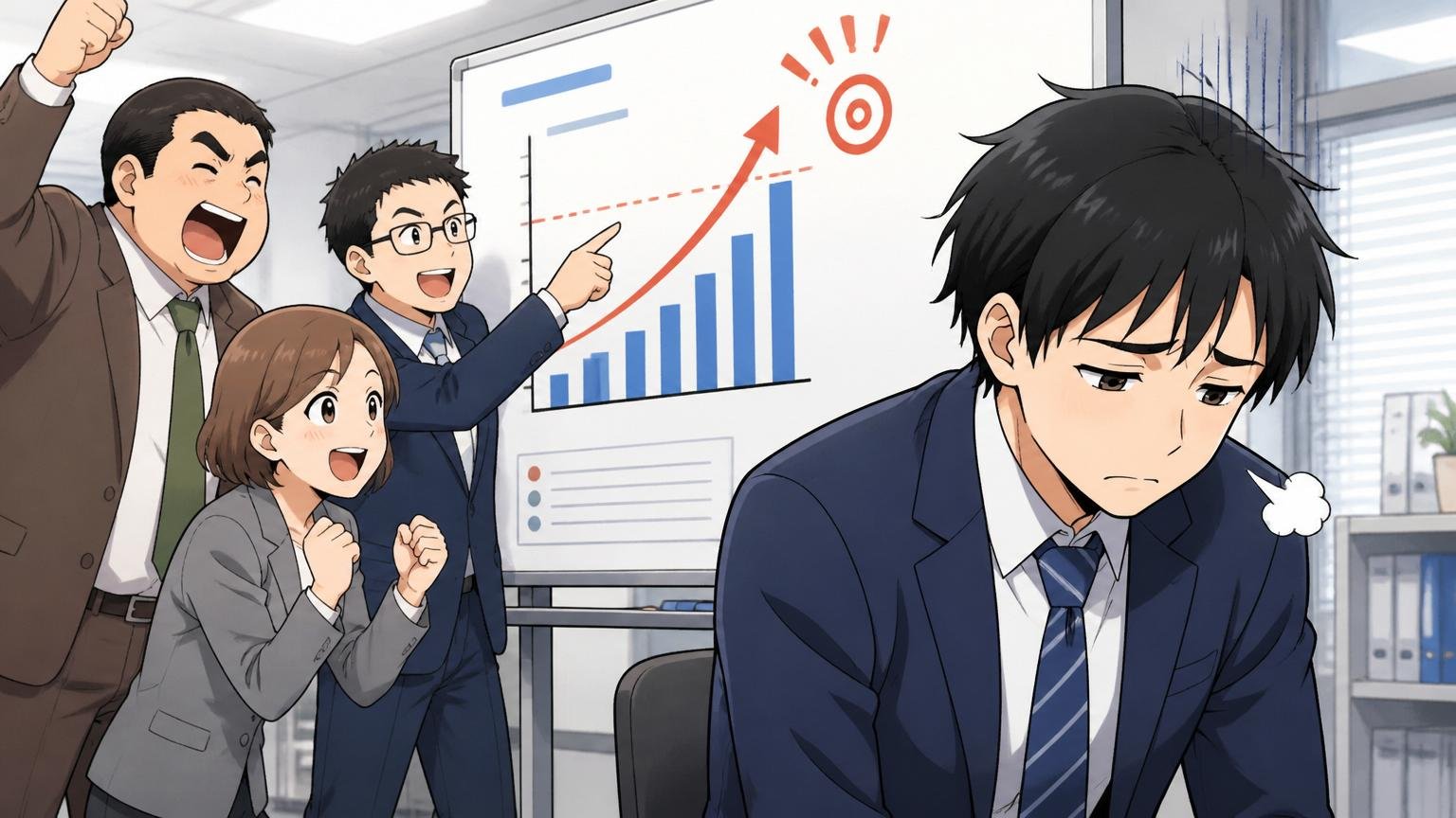 向いていない人の特徴。企業のオフィスで数字目標のボードを前に一人だけ気乗りしない様子で肩を落とす男性社員