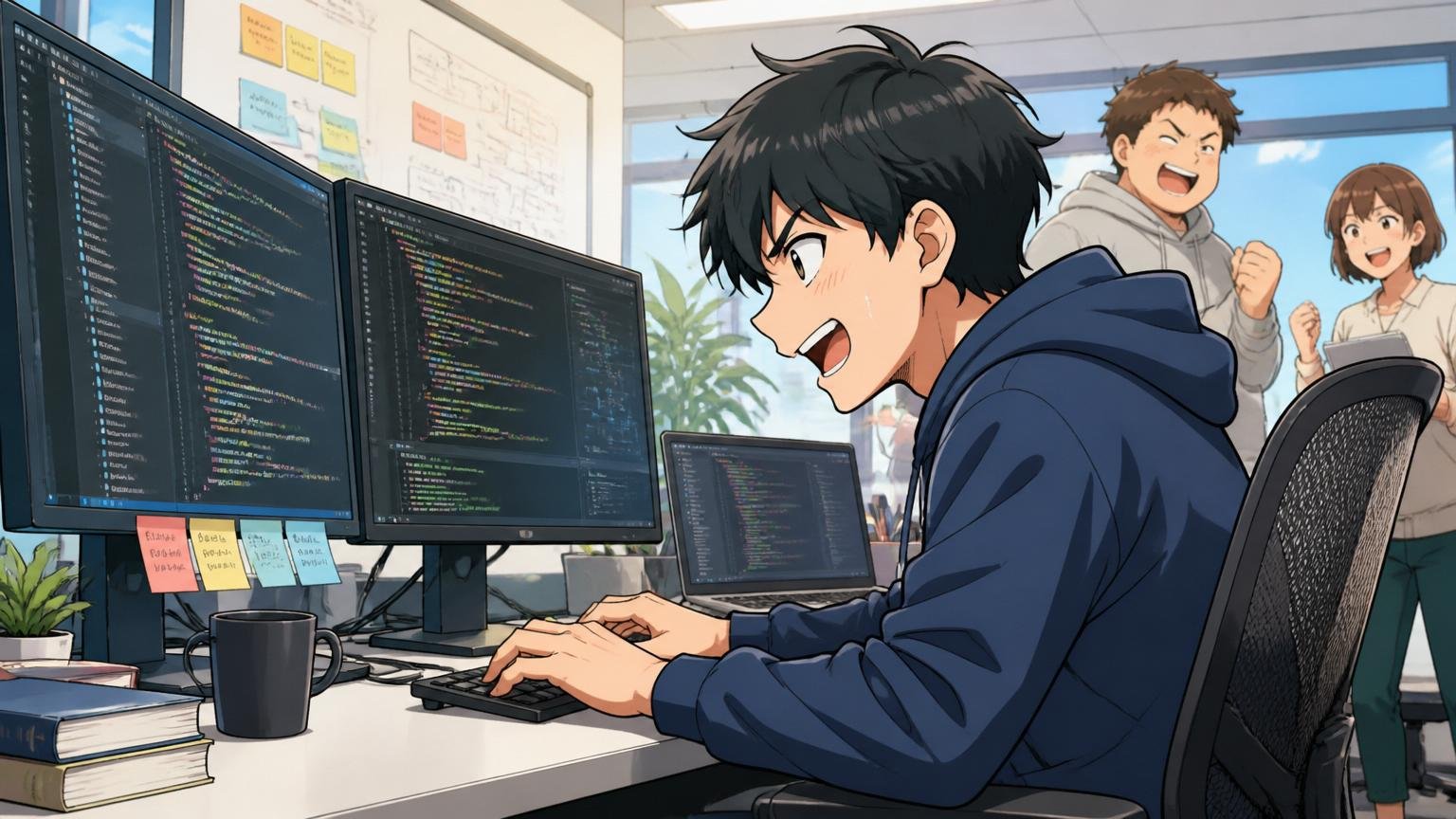 最新技術での開発に情熱を燃やすエンジニア。Web系スタートアップのオフィスで若手男性1人が複数モニターに向かい意欲的にコードを書いている