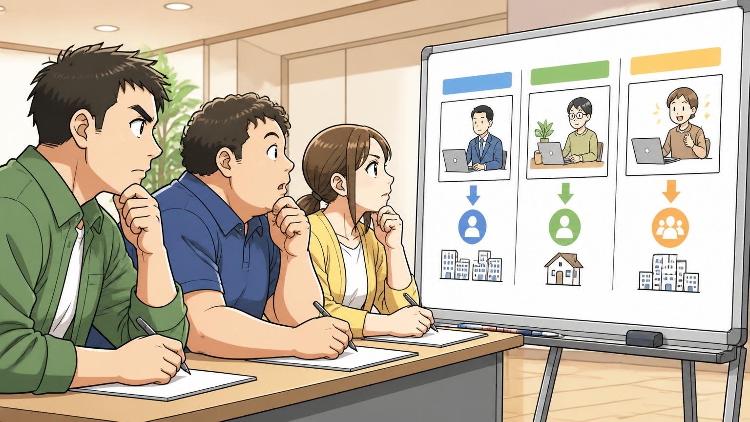 3つの働き方の違いを図で学ぶ|セミナー会場でホワイトボードの図を見る受講生3人が真剣な表情