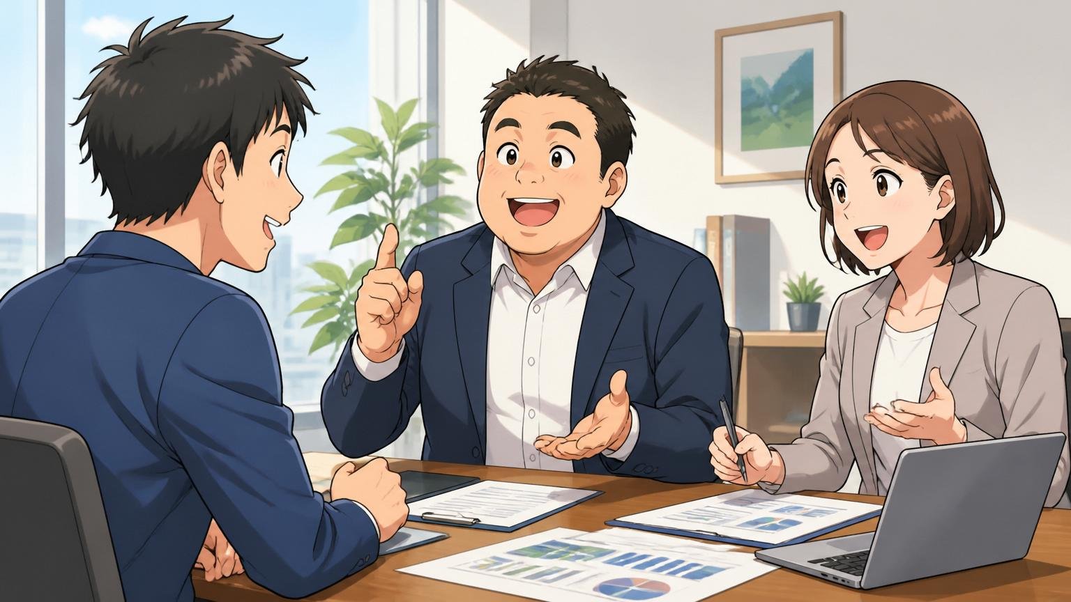 市場価値と他社比較はプロに無料相談|転職エージェントの面談ルーム|相談者とアドバイザー2人|笑顔で前向きに対話