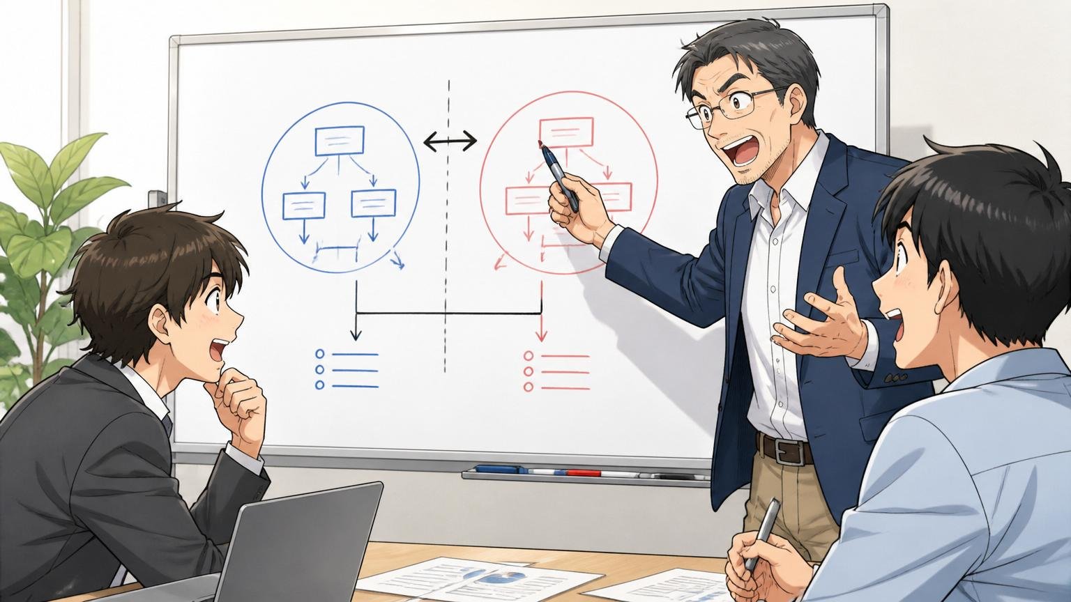 エスユーエス固有かSES業界共通かを切り分ける|会議室でホワイトボードに図を描き整理する40代男性と若手2人