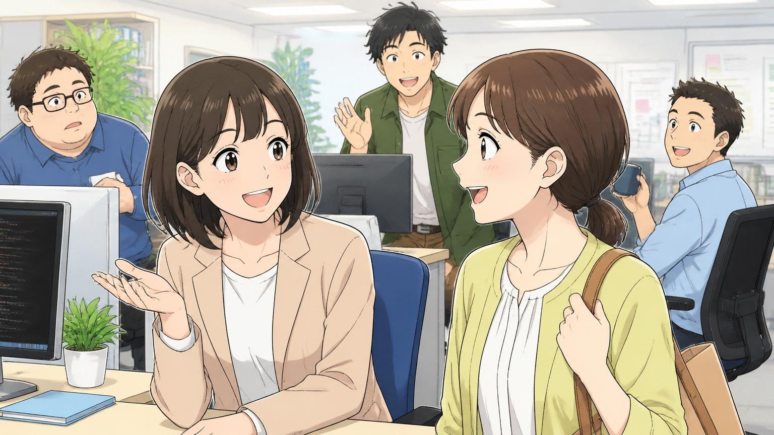 時短勤務で働く女性社員と同僚が和やかに話す様子。IT企業のオフィスで穏やかな雰囲気