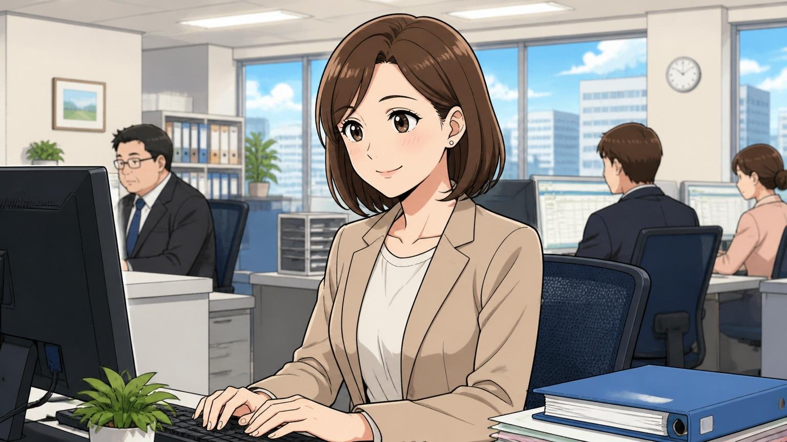 向いていない人。落ち着いた大企業のオフィスで30代女性が安定した環境で穏やかに働く様子