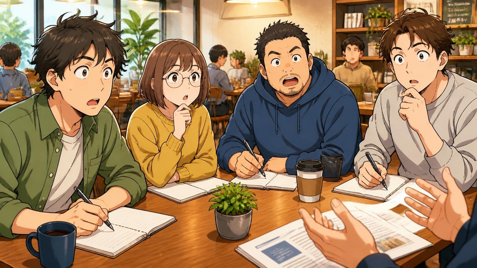都内のカジュアル面談カフェで4人の中途エンジニアが各社の説明を受けながらメモを取る様子