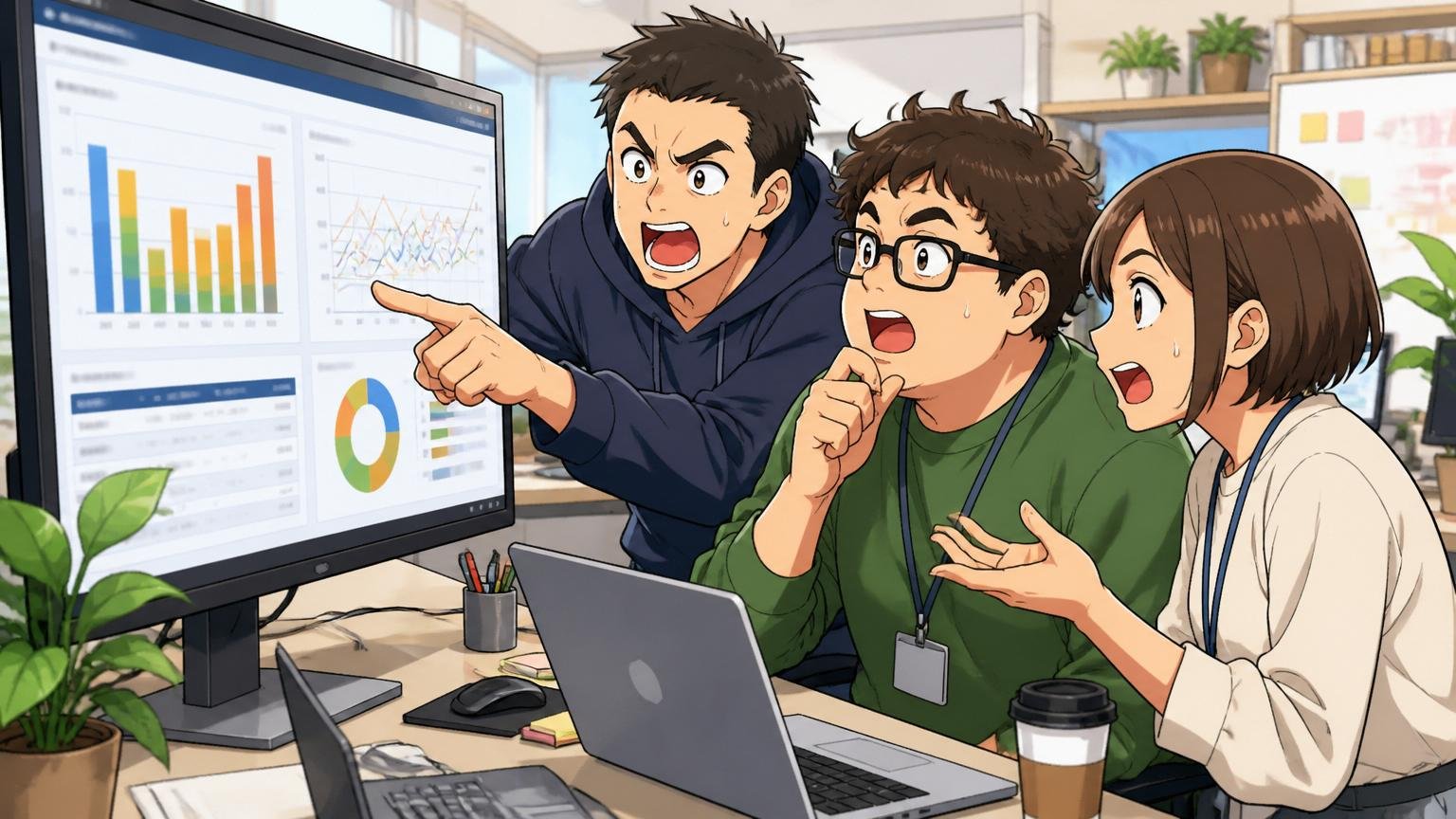 Web系企業のオフィスで残業時間の社内ダッシュボードを見ながら議論する3人のエンジニア