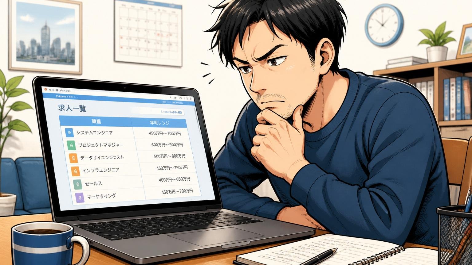 チェック②：今の年収・昇給ペースに納得できるか 自宅のデスクで30代男性が転職サイトの年収レンジを眺めて目を細める