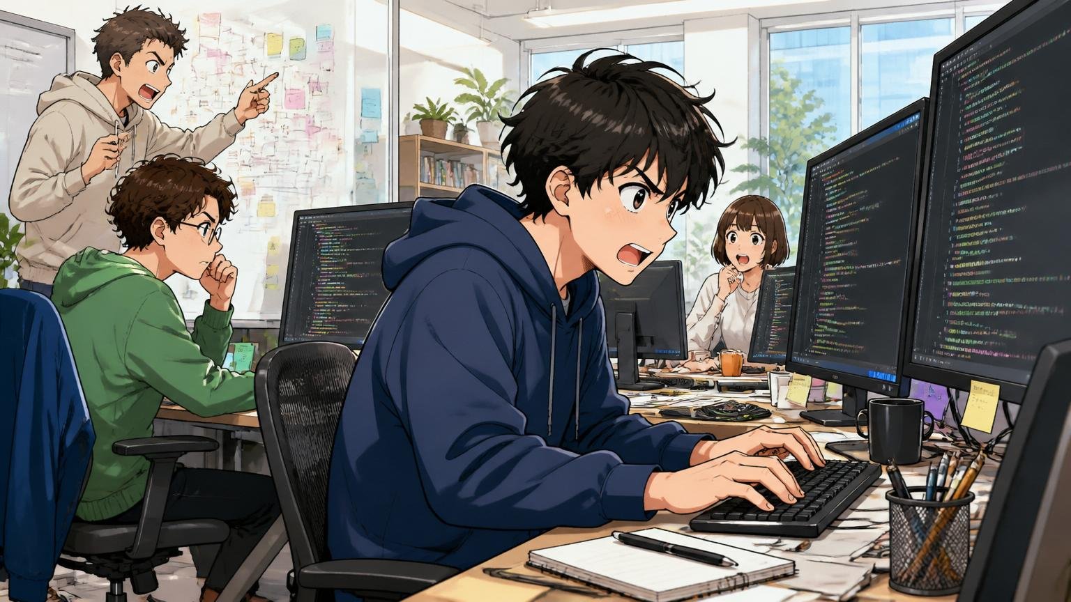 Web系スタートアップのモダンなオフィスで複数モニターでコードを書きながら集中する若手エンジニアたち