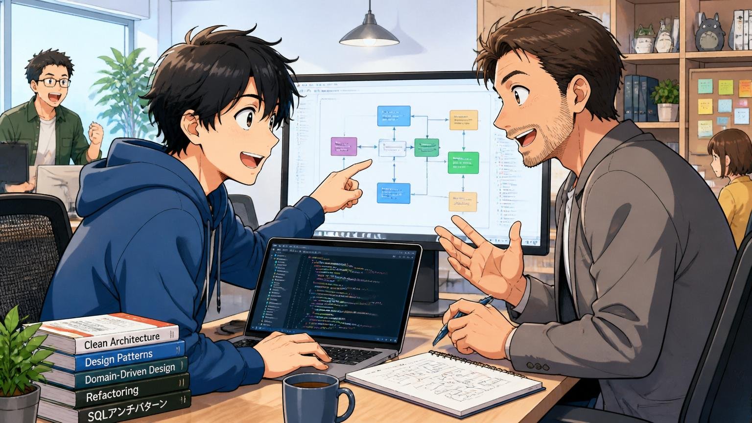 ITエンジニア経験者なら「IT特化型エージェント」が近道。Web系スタートアップのオフィスで30代エンジニアとアドバイザーが2人で技術スタックを話し合っている