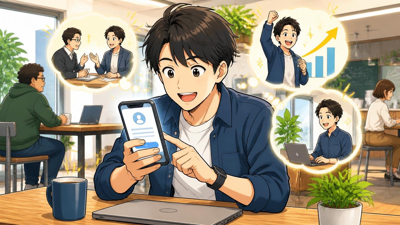 在職中でも転職エージェントに登録する3つのメリット。Web系オフィスのカフェスペースで30代男性エンジニア1名がスマートフォンでエージェント登録画面を見て前向きな表情