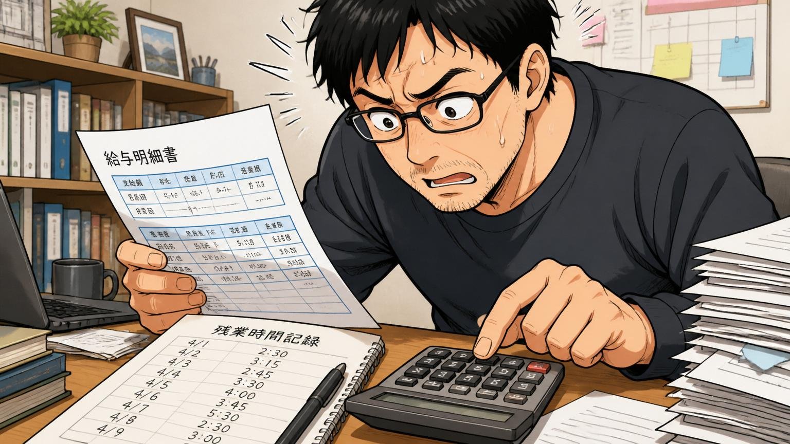 自宅のデスクで給与明細と残業時間の記録を見比べて電卓をたたく30代後半男性エンジニア