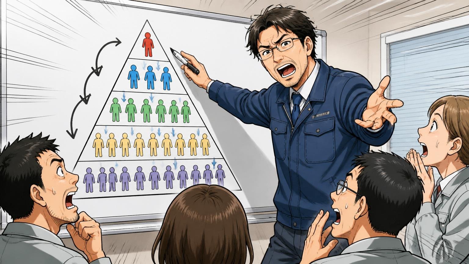 企業の会議室で多重下請け構造の図を描いて説明する40代の男性エンジニア, ピラミッド構造の解説シーン