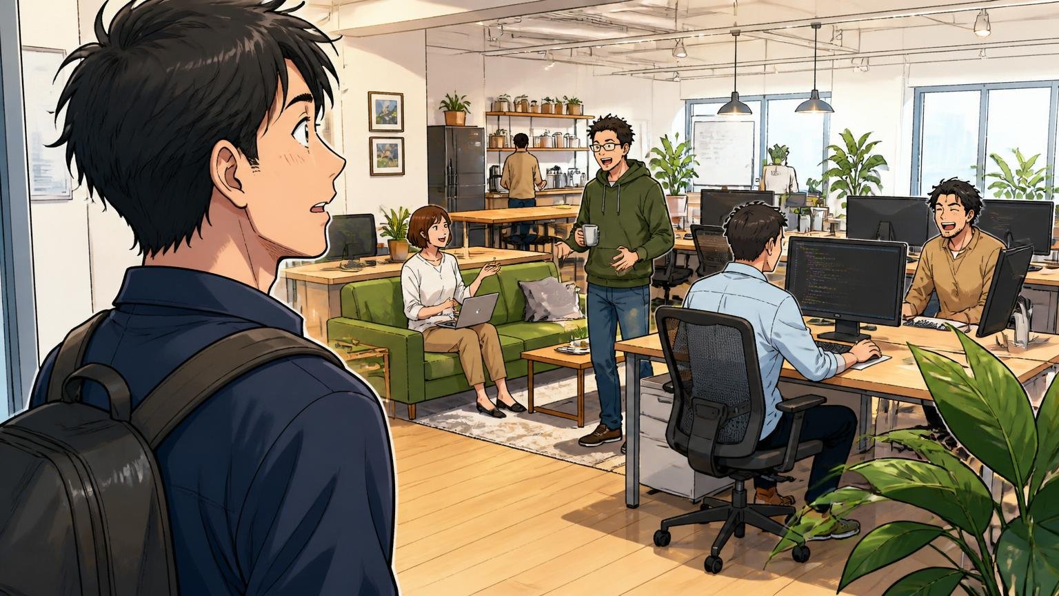 Web系スタートアップのオフィスを見学しながら羨ましそうに眺める30代男性エンジニア1名の場面