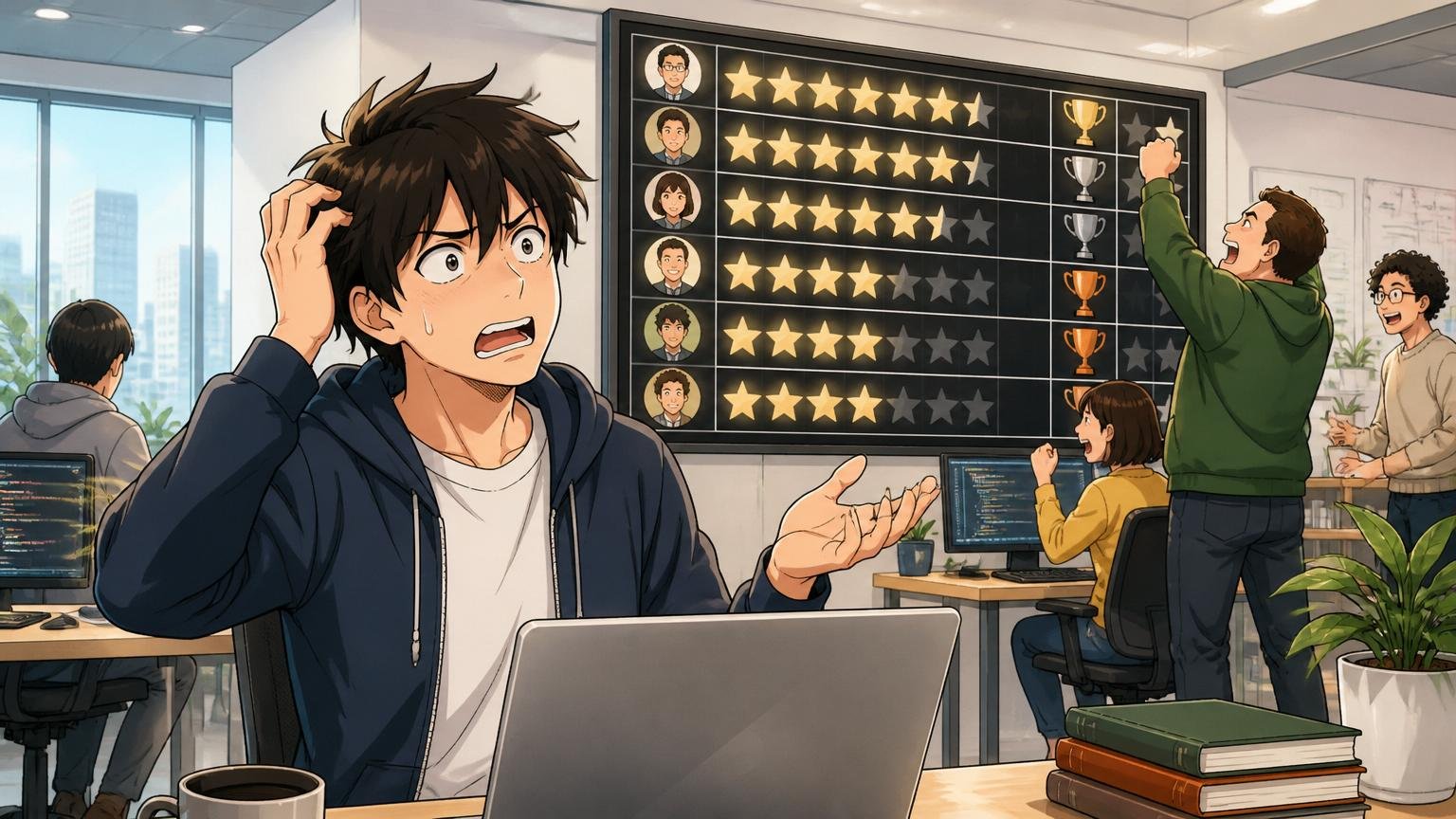スタートアップのオフィスで成果主義のエンジニアが大きな評価ボードを背景に困惑する表情
