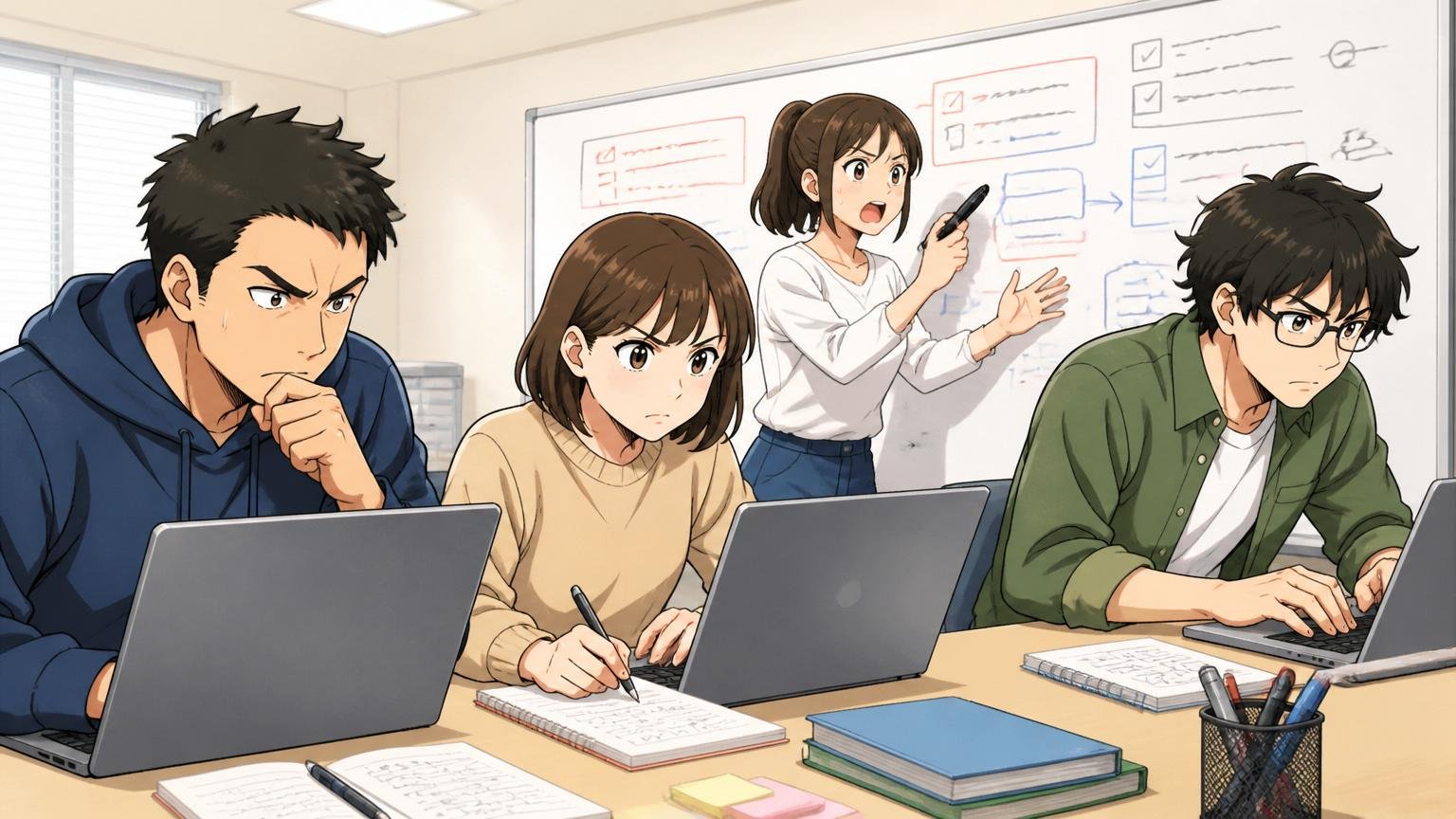 2か月研修で学ぶエンジニア。研修ルーム。男女4人。ホワイトボードとPCで真剣に学習する表情