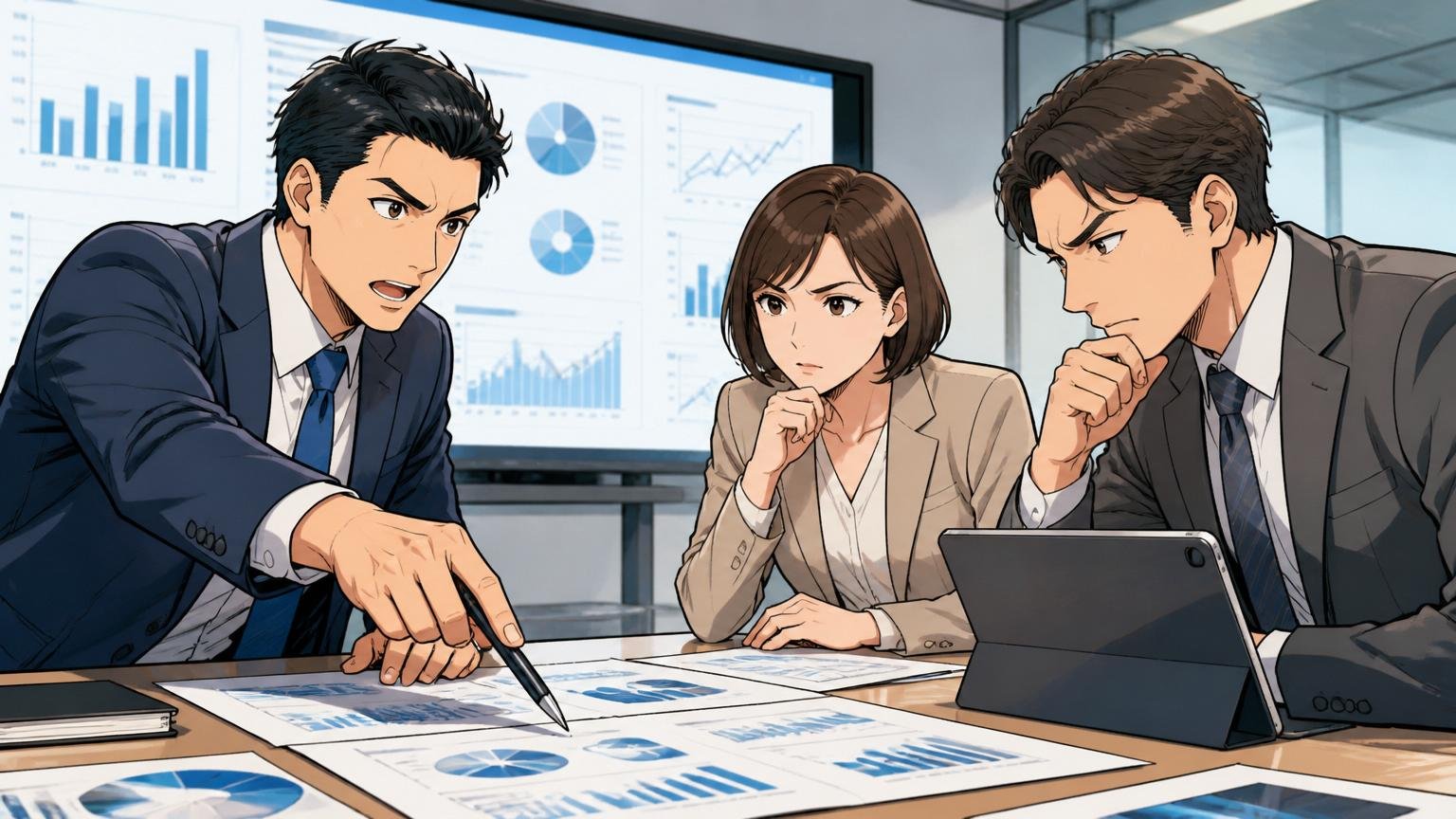 コンサルタントが企業に提案する様子/外資コンサルの会議室/30代男女3人/真剣な表情で資料を確認する