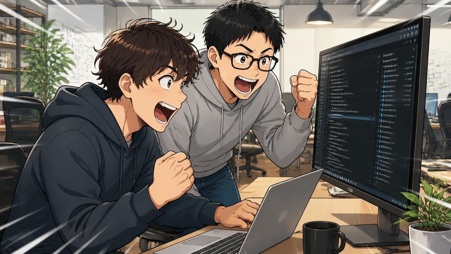 合わない人①：モダン技術志向・短期年収アップ志向タイプ／Web系スタートアップのオフィス／20代後半エンジニア2人／GitHubの画面を見ながら興奮した表情