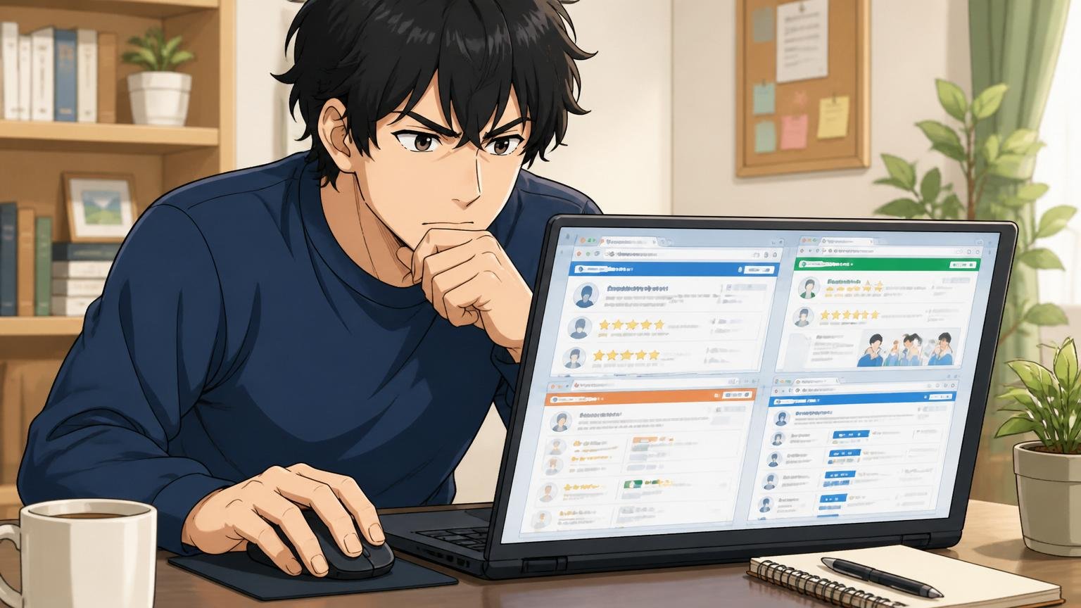 PCで口コミサイトを見比べる転職検討者の自宅のデスクで在宅勤務、30代男性1人、複数のタブを比較する真剣な表情