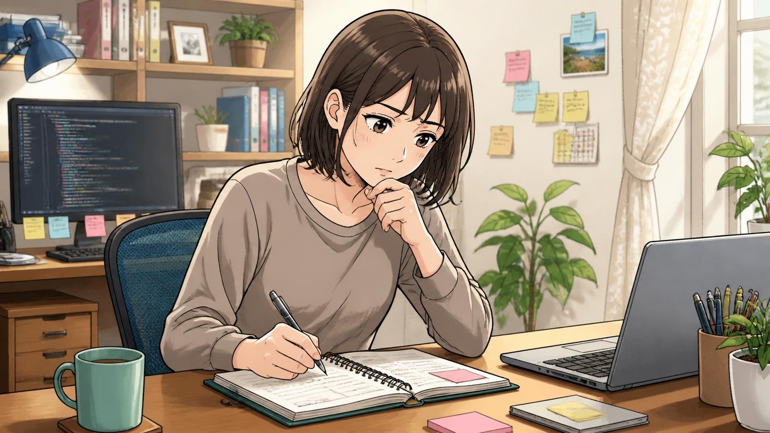 自分のキャリア観を見つめ直すシーン。自宅のデスクで30代女性エンジニアが手帳に書き込みながら考え込む