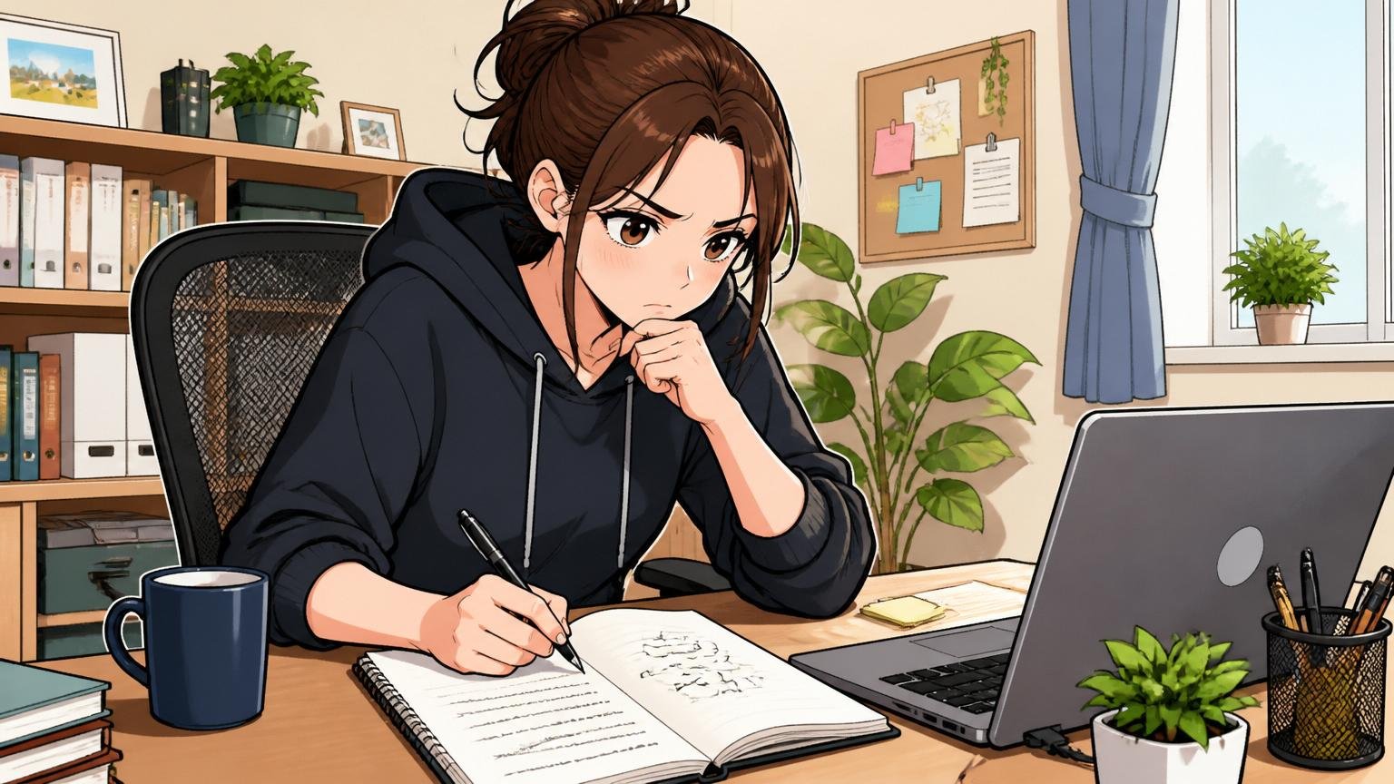 自宅のデスクで在宅勤務中の30代女性エンジニア1人がノートに自問自答を書き込む