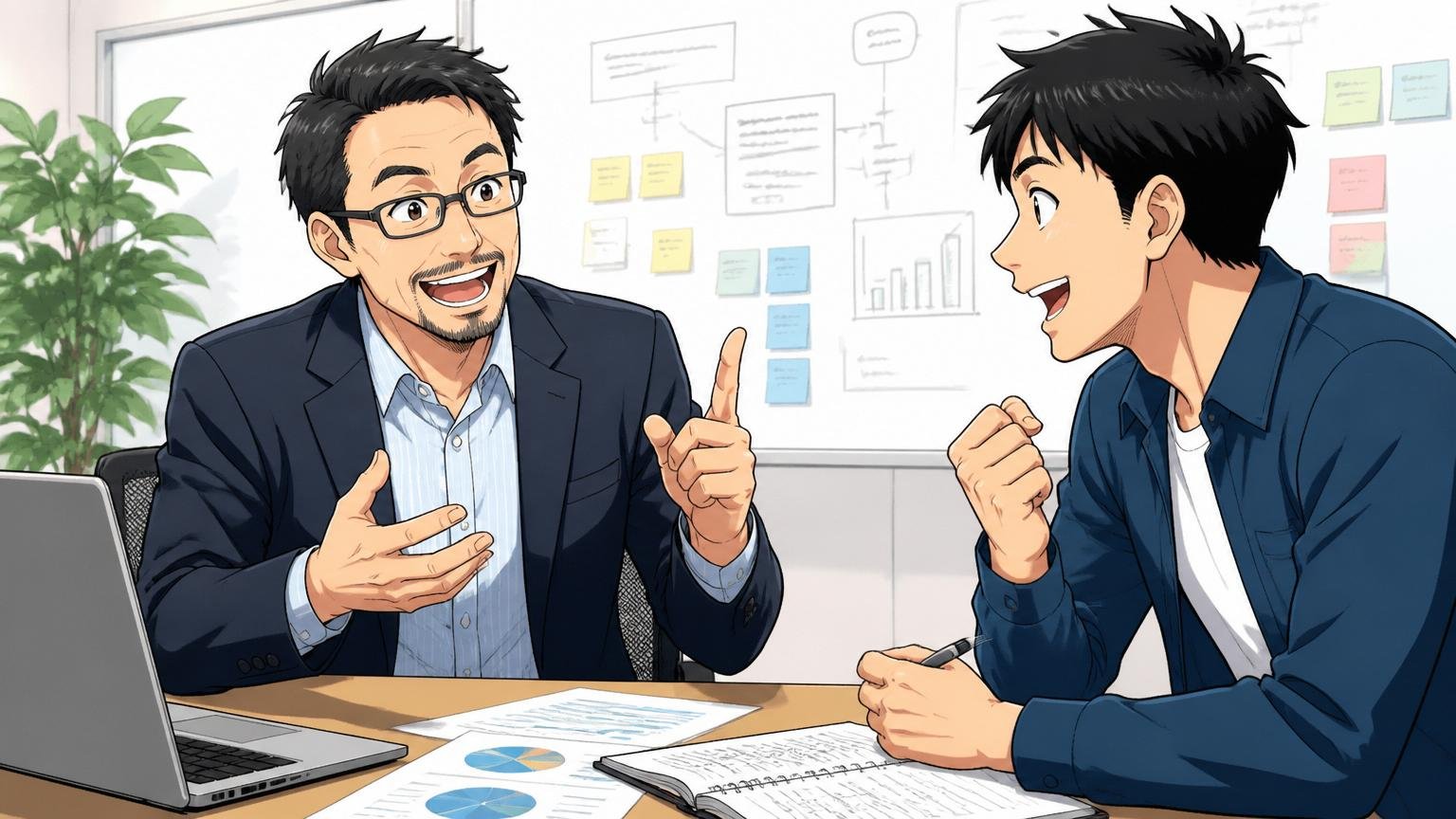 企業の会議室でキャリア面談、40代メンター1人と30代エンジニア1人、前向きな表情で議論