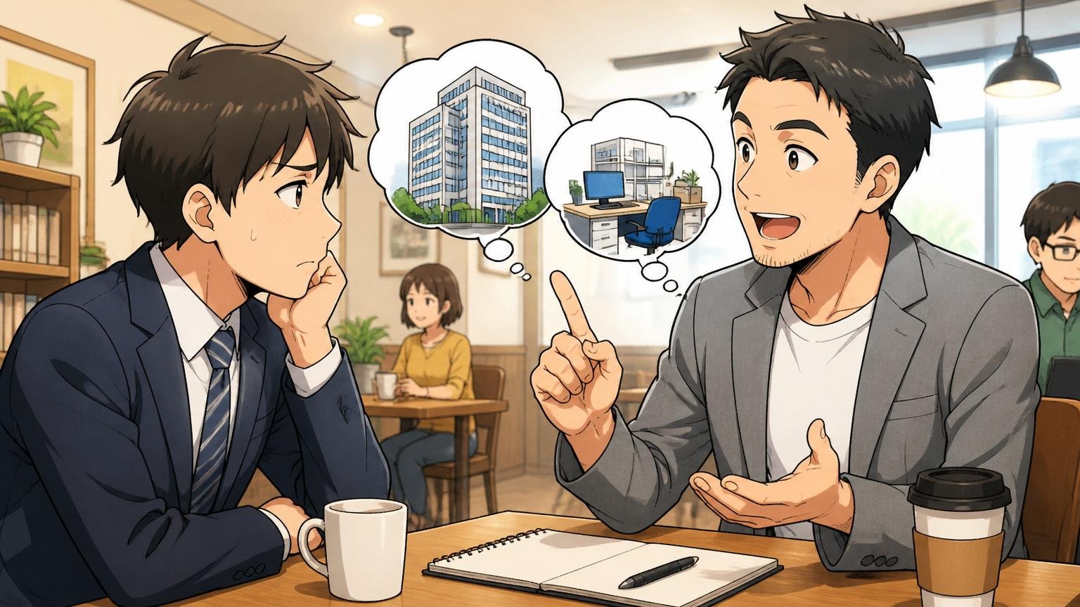 不満は会社全体か配属かを切り分け｜カフェで男性メンターが若手にアドバイスする様子