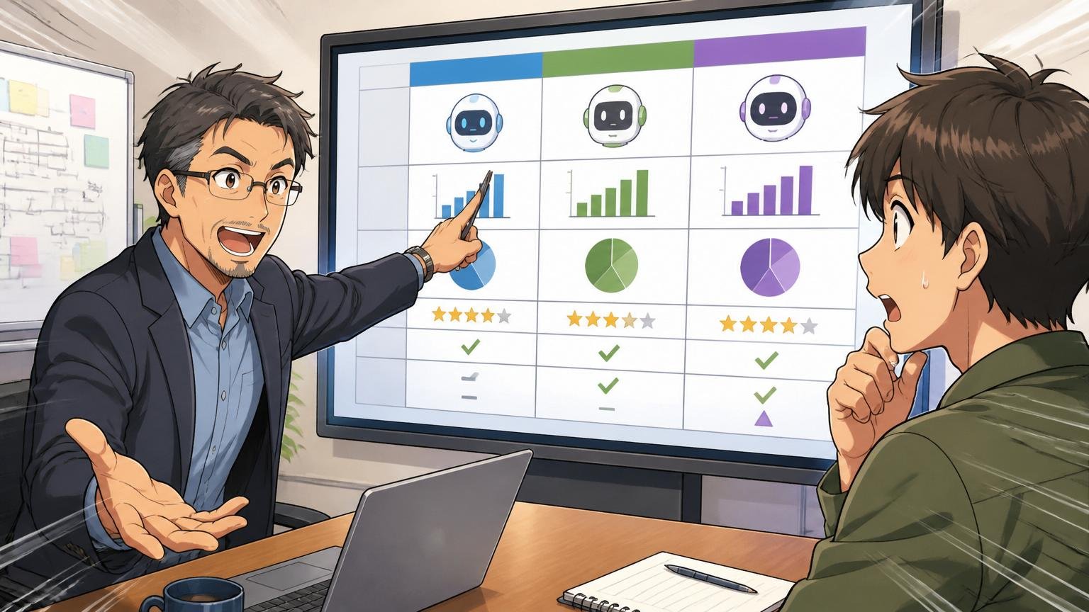 企業の会議室で40代メンターが30代エンジニアに3つのエージェントの実績比較表を示しながら解説している