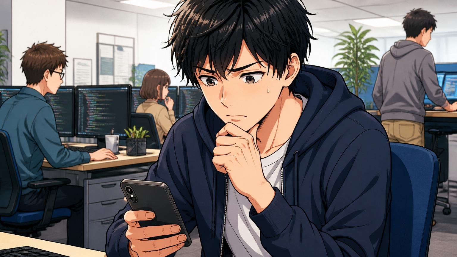 「迷っている人」が一番避けるべき行動。Web系企業のオフィスで男性エンジニア1名がスマホ片手に応募ボタンを押そうとして手を止めている悩む表情