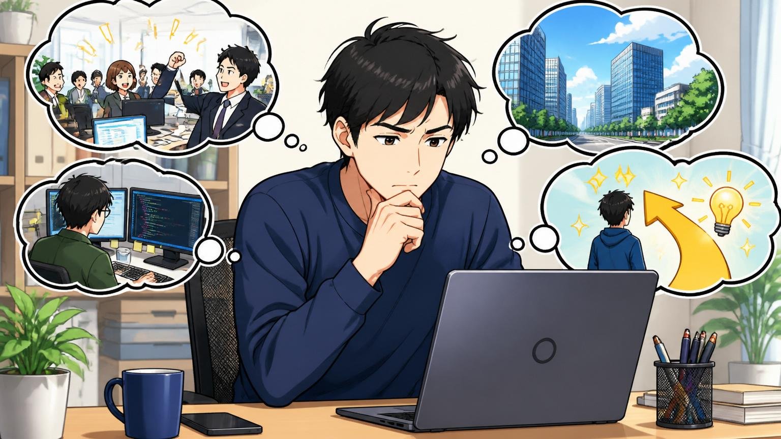 グレーゾーンの人は残るも転職するもまず外を知ってから／自宅のデスクで在宅勤務中にPCで情報収集する30代エンジニア男性1人